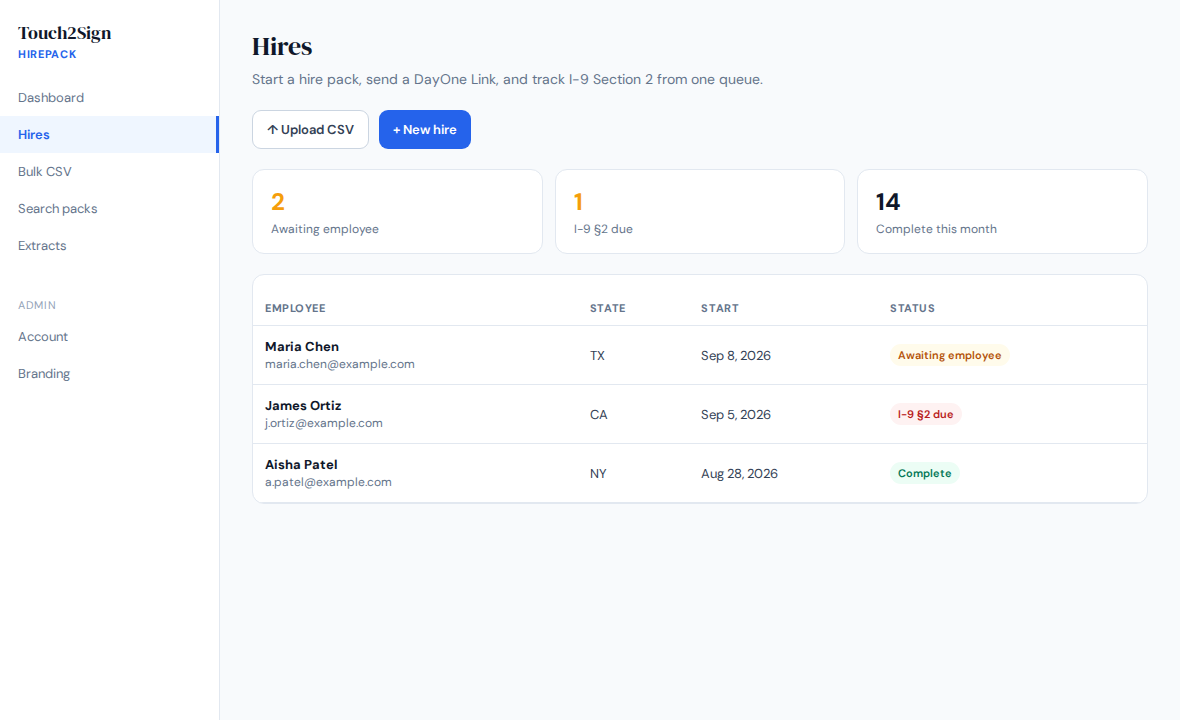 NewHirePack Hires queue showing awaiting employee and I-9 due statuses