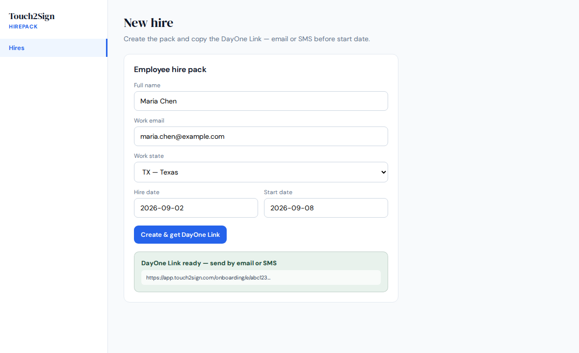 New hire form with DayOne Link ready to send