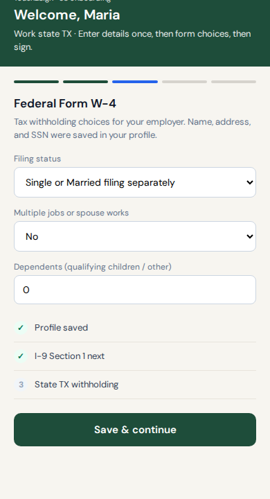 Employee mobile W-4 form in DayOne Link flow
