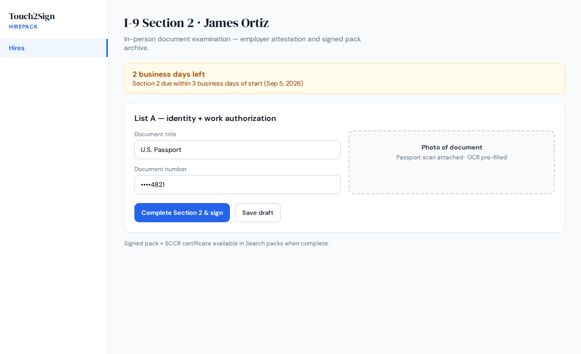I-9 Section 2 desk with SLA countdown and document upload